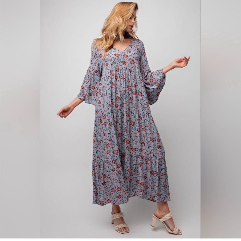 Easel Blue Floral Boho Maxi Sundress With Bell Sleeves Size S
